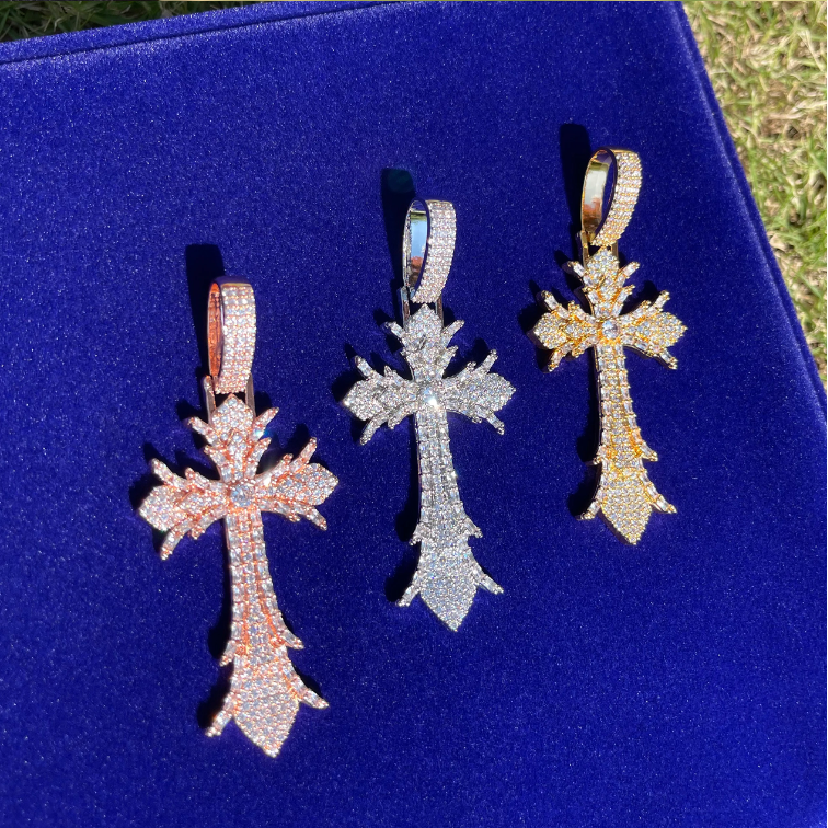 Bubble Letter Iced Out Cross Necklace Pendant for Men Real Copper Cubic Zirconia Hip Hop Jewelry