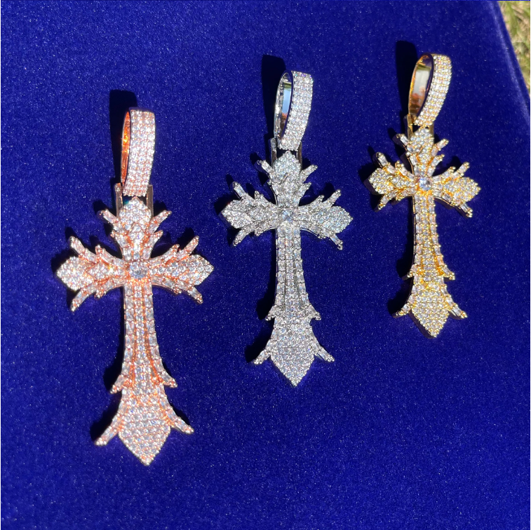 Bubble Letter Iced Out Cross Necklace Pendant for Men Real Copper Cubic Zirconia Hip Hop Jewelry