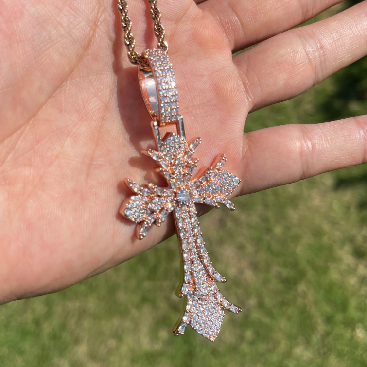 Bubble Letter Iced Out Cross Necklace Pendant for Men Real Copper Cubic Zirconia Hip Hop Jewelry