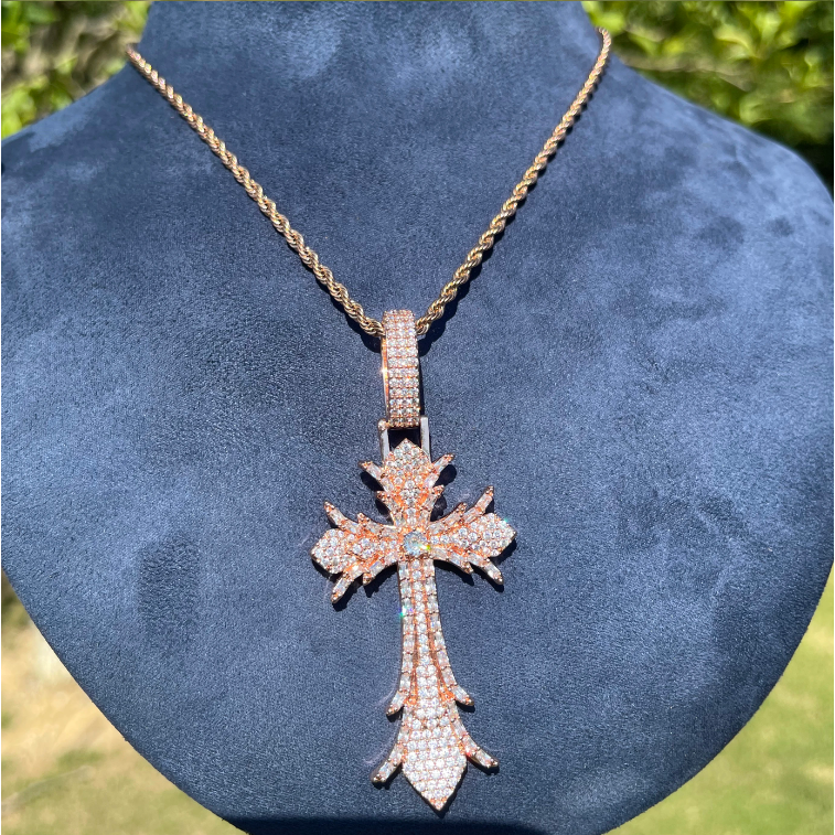 Bubble Letter Iced Out Cross Necklace Pendant for Men Real Copper Cubic Zirconia Hip Hop Jewelry