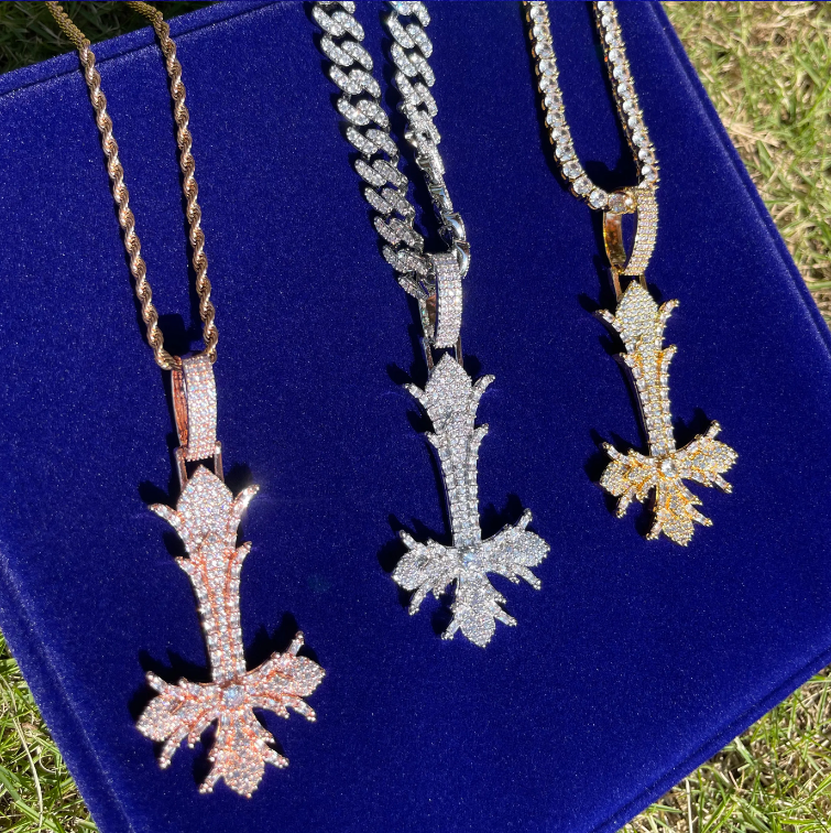 Bubble Letter Iced Out Upside Down Cross Necklace Pendant for Men Real Copper Cubic Zirconia Hip Hop Jewelry