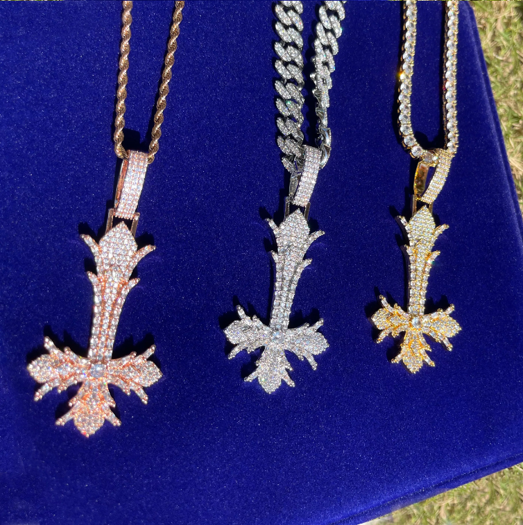 Bubble Letter Iced Out Upside Down Cross Necklace Pendant for Men Real Copper Cubic Zirconia Hip Hop Jewelry