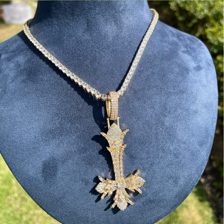 Bubble Letter Iced Out Upside Down Cross Necklace Pendant for Men Real Copper Cubic Zirconia Hip Hop Jewelry