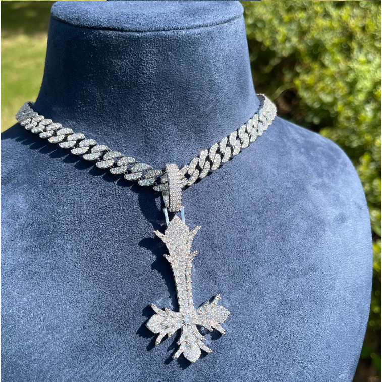 Bubble Letter Iced Out Upside Down Cross Necklace Pendant for Men Real Copper Cubic Zirconia Hip Hop Jewelry
