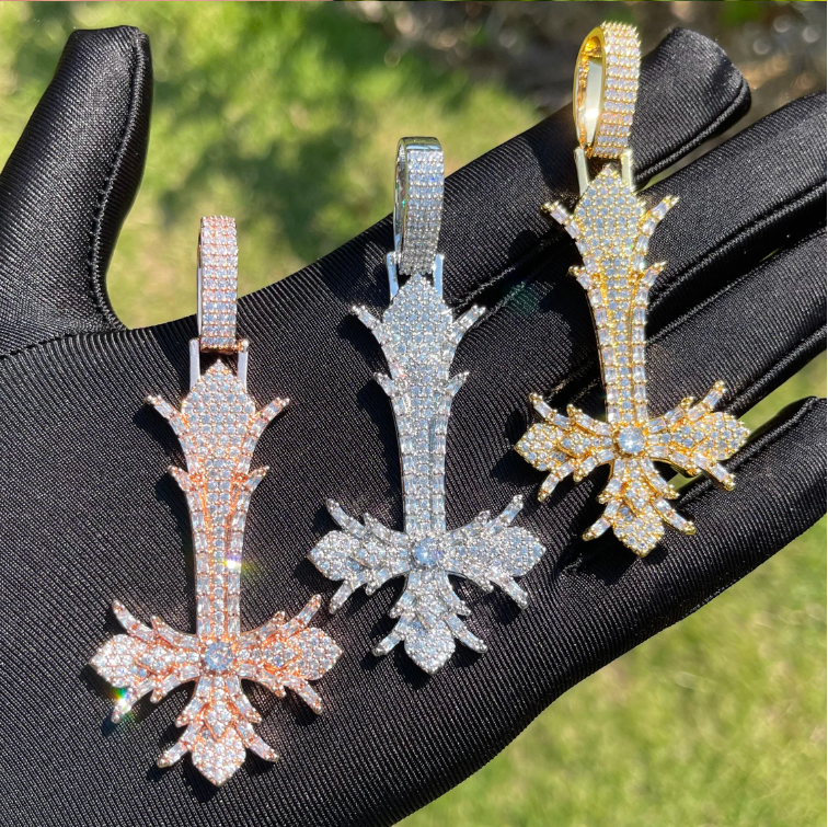 Bubble Letter Iced Out Upside Down Cross Necklace Pendant for Men Real Copper Cubic Zirconia Hip Hop Jewelry