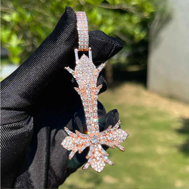 Bubble Letter Iced Out Upside Down Cross Necklace Pendant for Men Real Copper Cubic Zirconia Hip Hop Jewelry