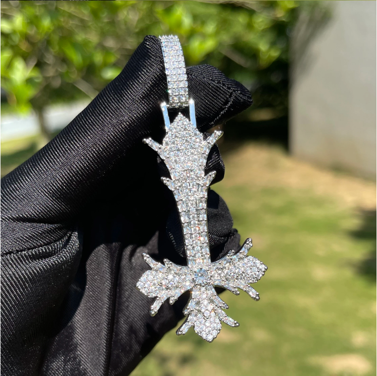 Bubble Letter Iced Out Upside Down Cross Necklace Pendant for Men Real Copper Cubic Zirconia Hip Hop Jewelry