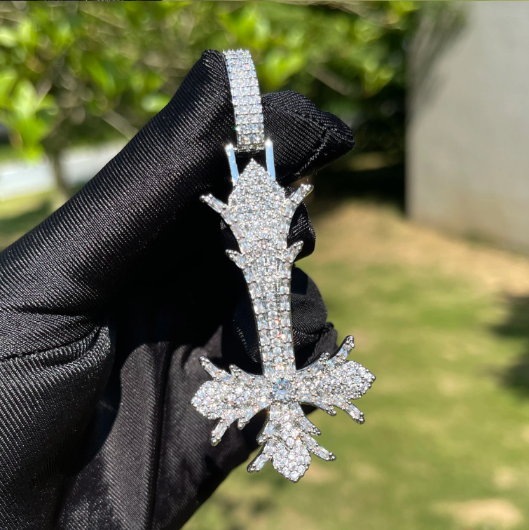 Bubble Letter Iced Out Upside Down Cross Necklace Pendant for Men Real Copper Cubic Zirconia Hip Hop Jewelry