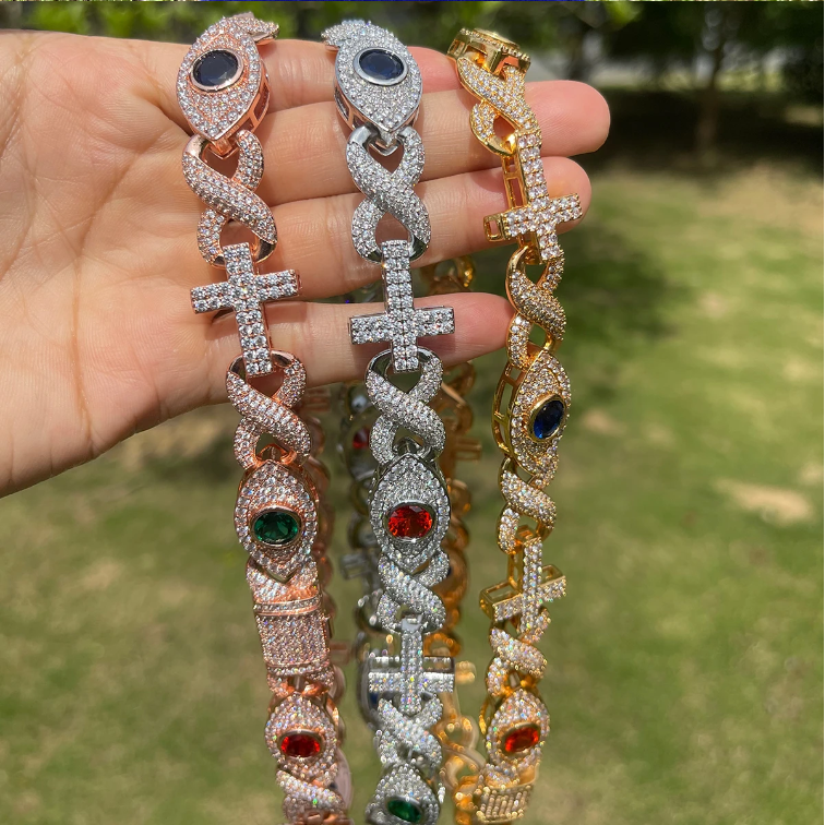Bubble Letter Colorful Eye Infinity Cross Link for Women Real Gold Plated Cubic Zirconia Hip Hop Jewelry