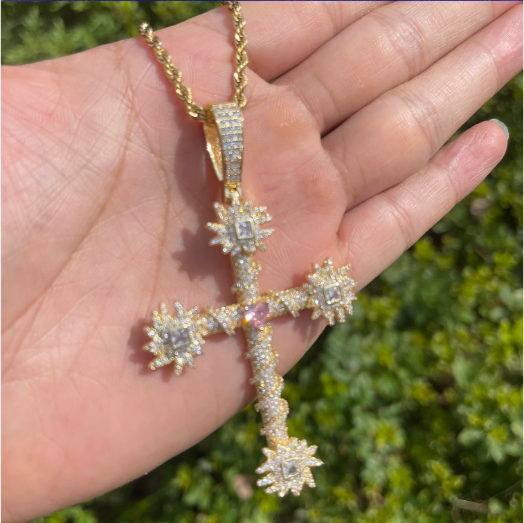Bubble Letter Iced Out Cross for Women Real Gold Plated Cubic Zirconia Hip Hop Jewelry