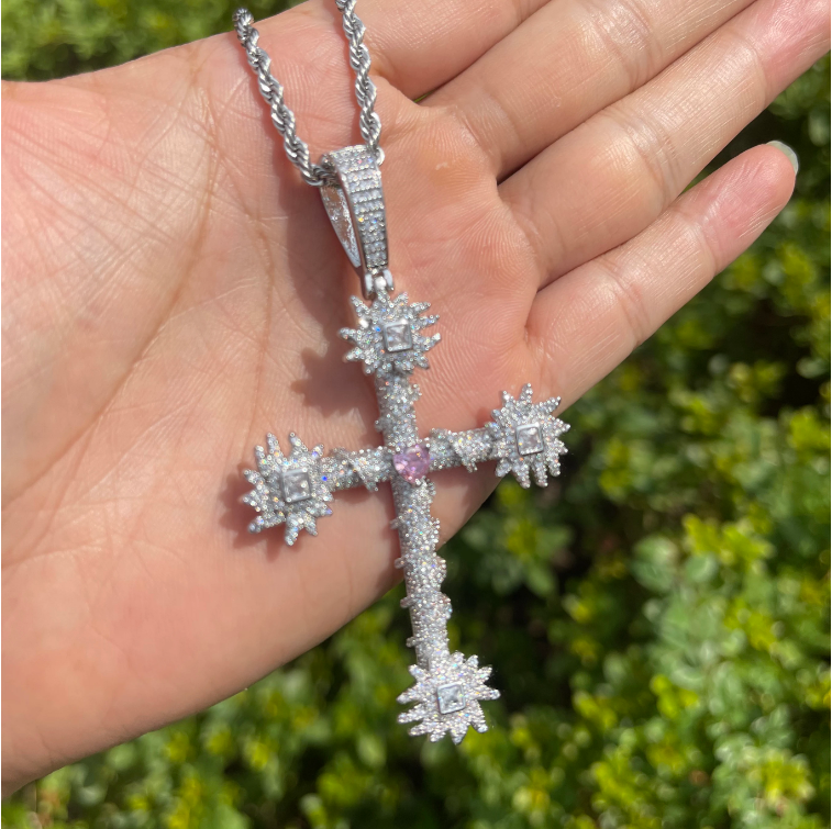 Bubble Letter Iced Out Cross for Women Real Gold Plated Cubic Zirconia Hip Hop Jewelry