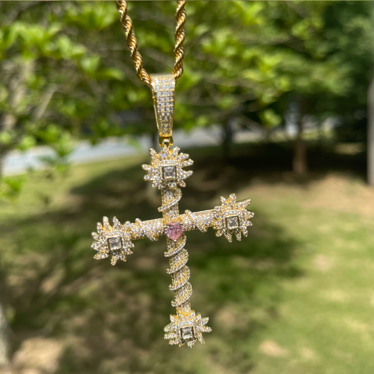 Bubble Letter Iced Out Cross for Women Real Gold Plated Cubic Zirconia Hip Hop Jewelry