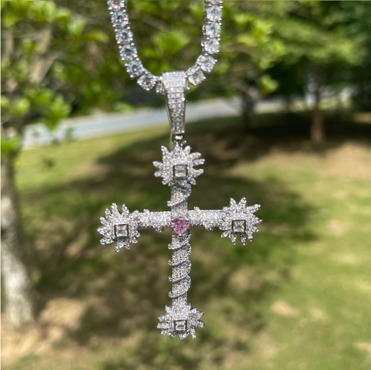Bubble Letter Iced Out Cross for Women Real Gold Plated Cubic Zirconia Hip Hop Jewelry