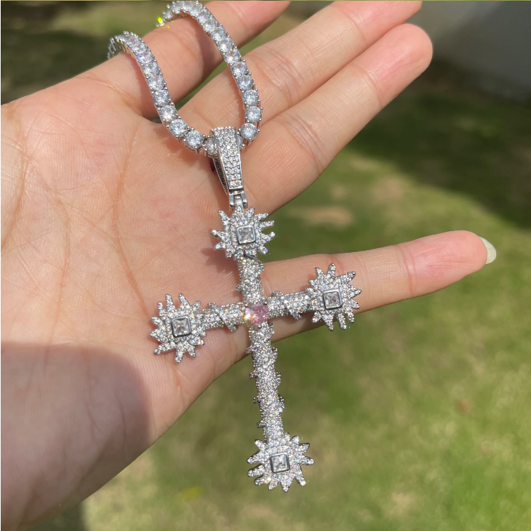Bubble Letter Iced Out Cross for Women Real Gold Plated Cubic Zirconia Hip Hop Jewelry