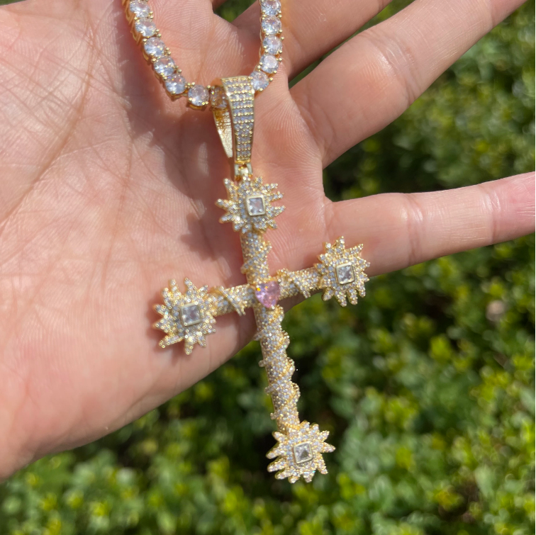 Bubble Letter Iced Out Cross for Women Real Gold Plated Cubic Zirconia Hip Hop Jewelry