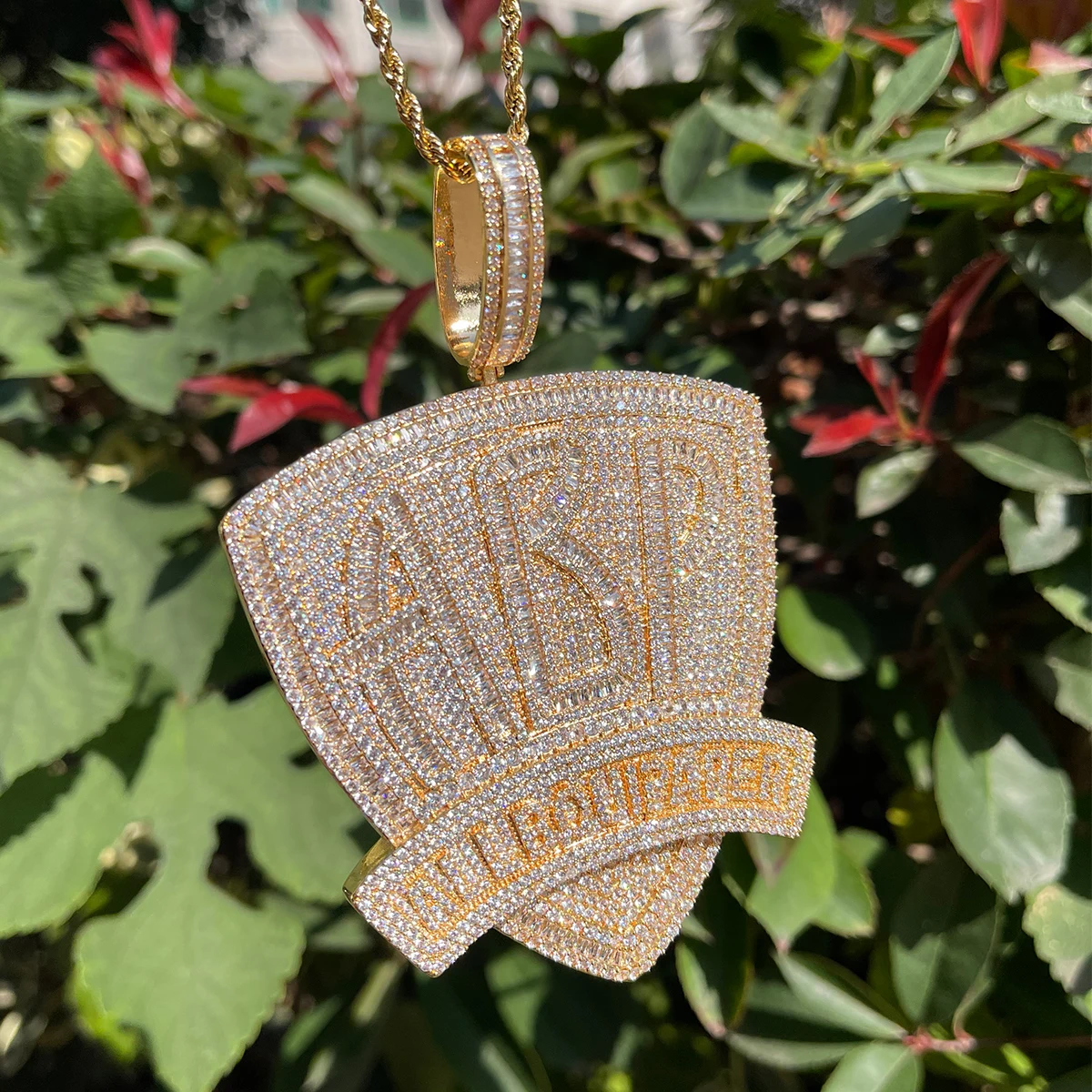 Bubble Letter Iced Out Pendant Prong Setting All BOUI PAPER Necklace for Men Real Gold Plated Hip Hop Jewelry