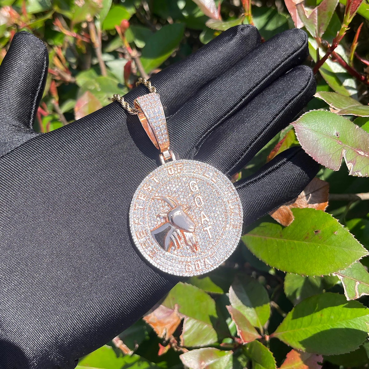 Bubble Letter Iced Out Goat Necklace Pendant for Men Real Copper Cubic Zirconia Gold Plated Hip Hop Jewelry