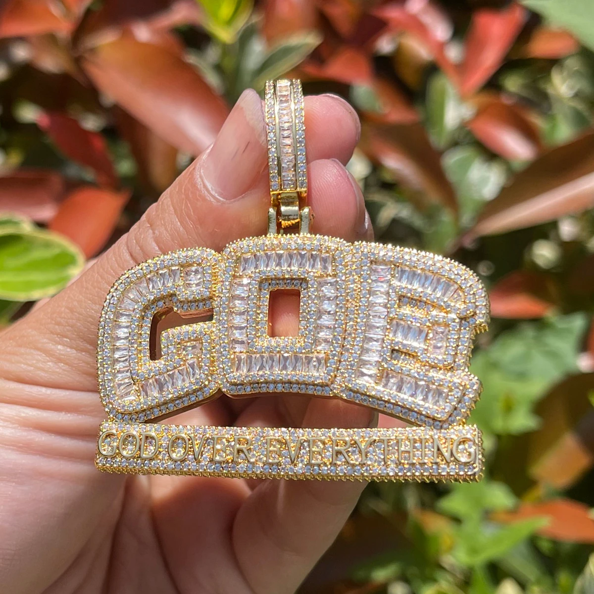 Bubble Letter Iced Out Necklace for Men God Over Everything Pendant Double Color Hip Hop Jewelry