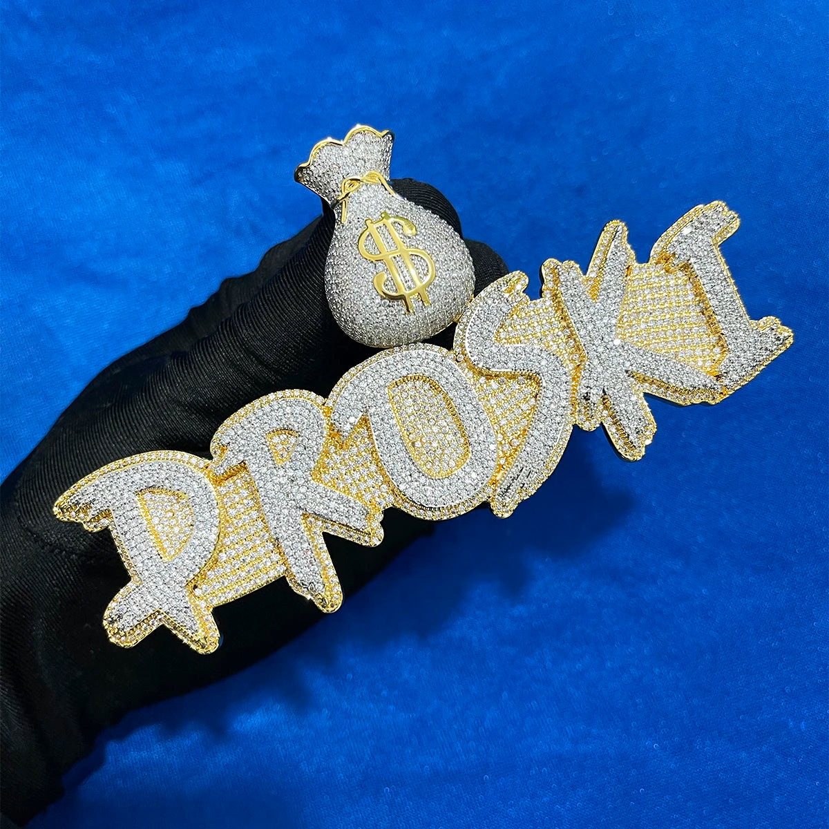 Bubble Letter Jewelry Custom Name Necklace Solid Base Iced Out Personalized Pendants Money Bag Bail Real Gold Plated Hip Hop