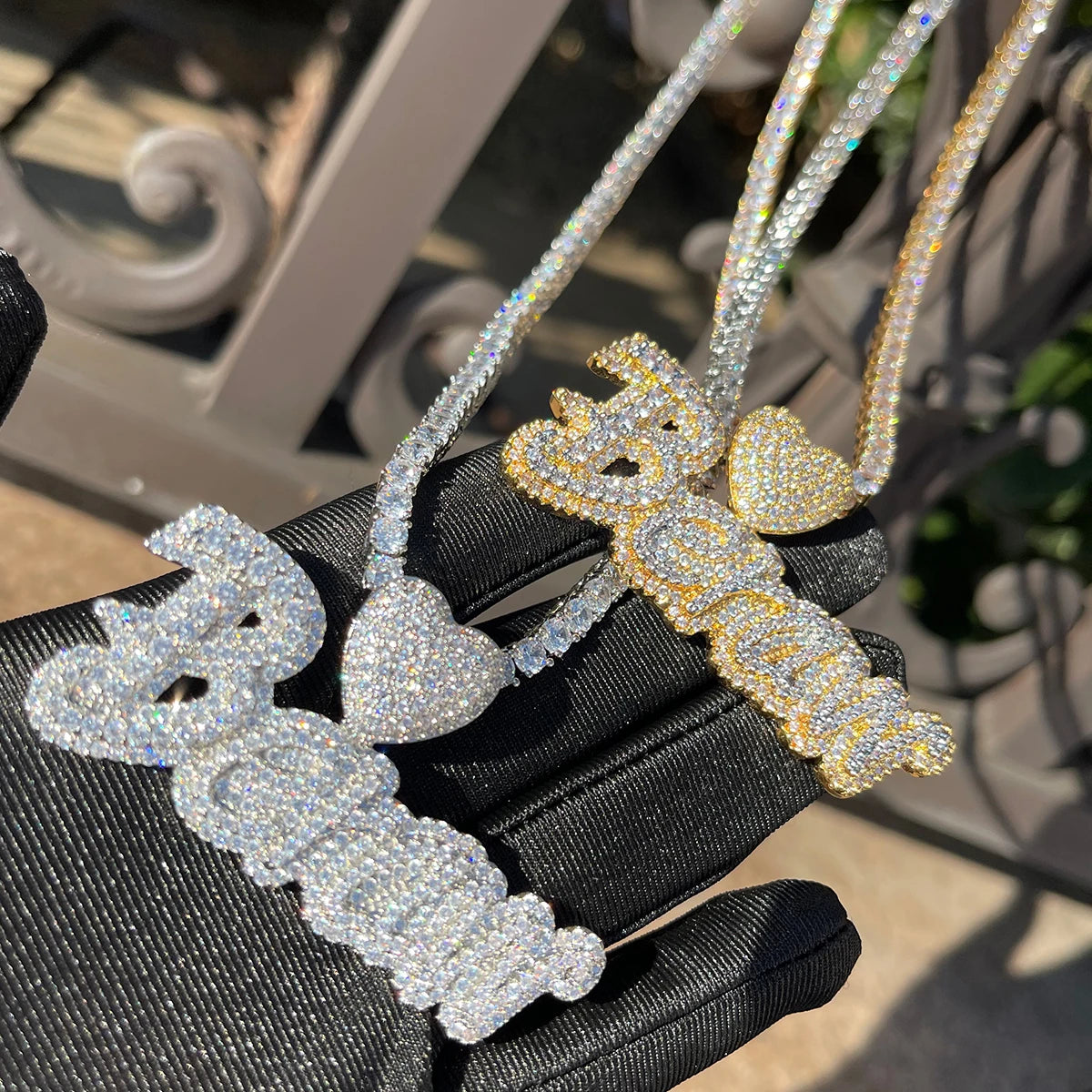 Bubble Letter Custom Name Necklace for Women Iced Out Pendant Real Gold Plated Heart Bail Hip Hop Rapper Rock Street Jewelry