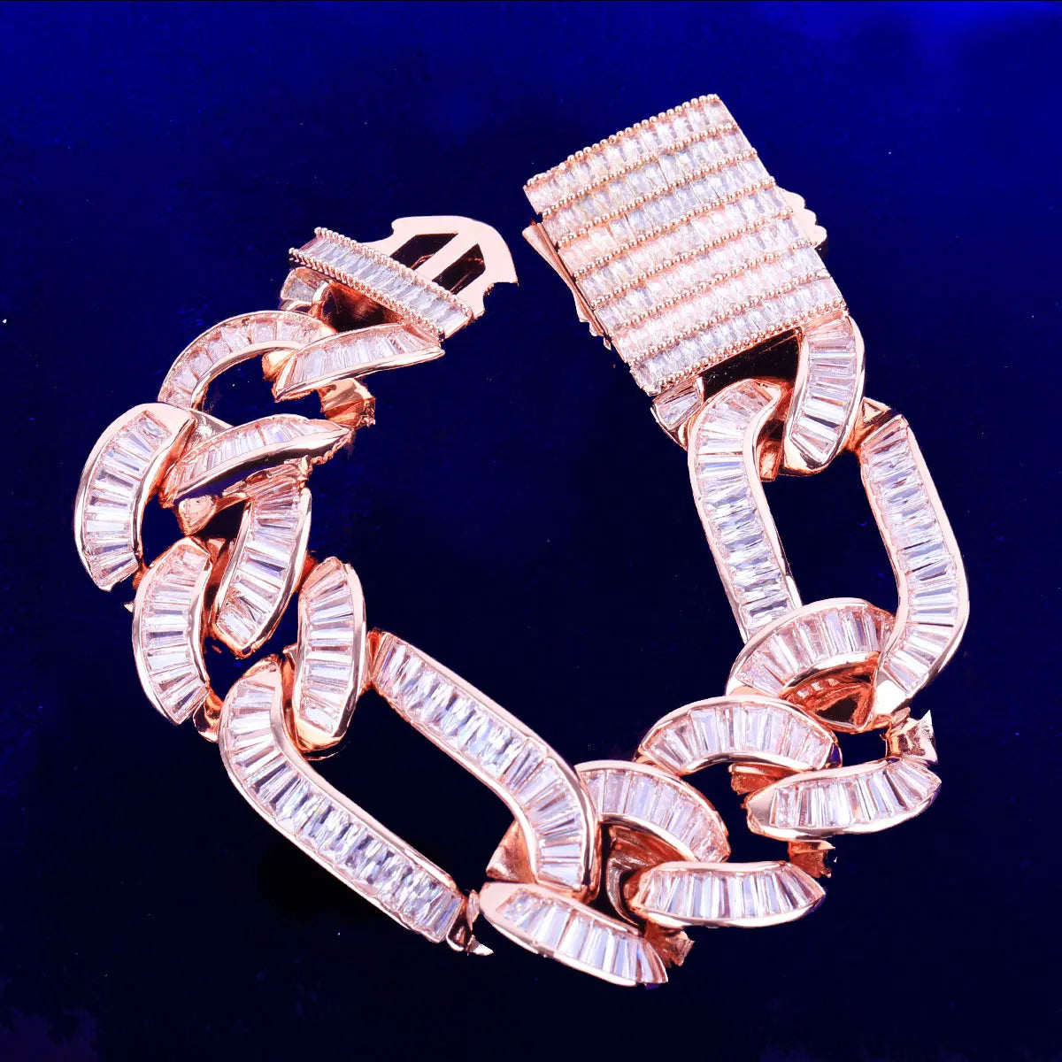 Bubble Letter Baguette Figaro Bracelet for Men Cuban Link Real Gold Plated Cubic Zirconia Hip Hop Jewelry