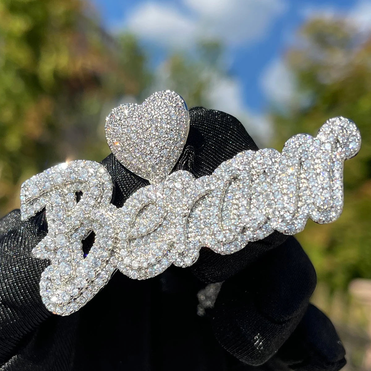 Bubble Letter Custom Name Necklace for Women Iced Out Pendant Real Gold Plated Heart Bail Hip Hop Rapper Rock Street Jewelry