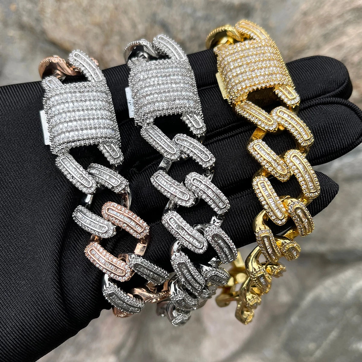 Bubble Letter Iced Out Miami Cuban Link Bracelet for Men Micro Pave Prong Setting Baguette Charms Hip Hop Jewelry