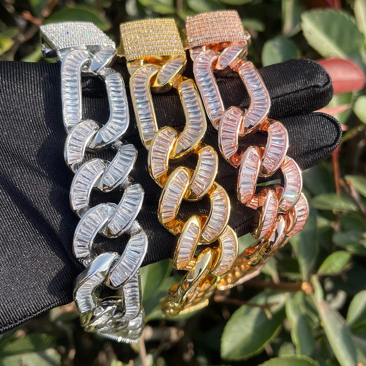 Bubble Letter Baguette Figaro Bracelet for Men Cuban Link Real Gold Plated Cubic Zirconia Hip Hop Jewelry