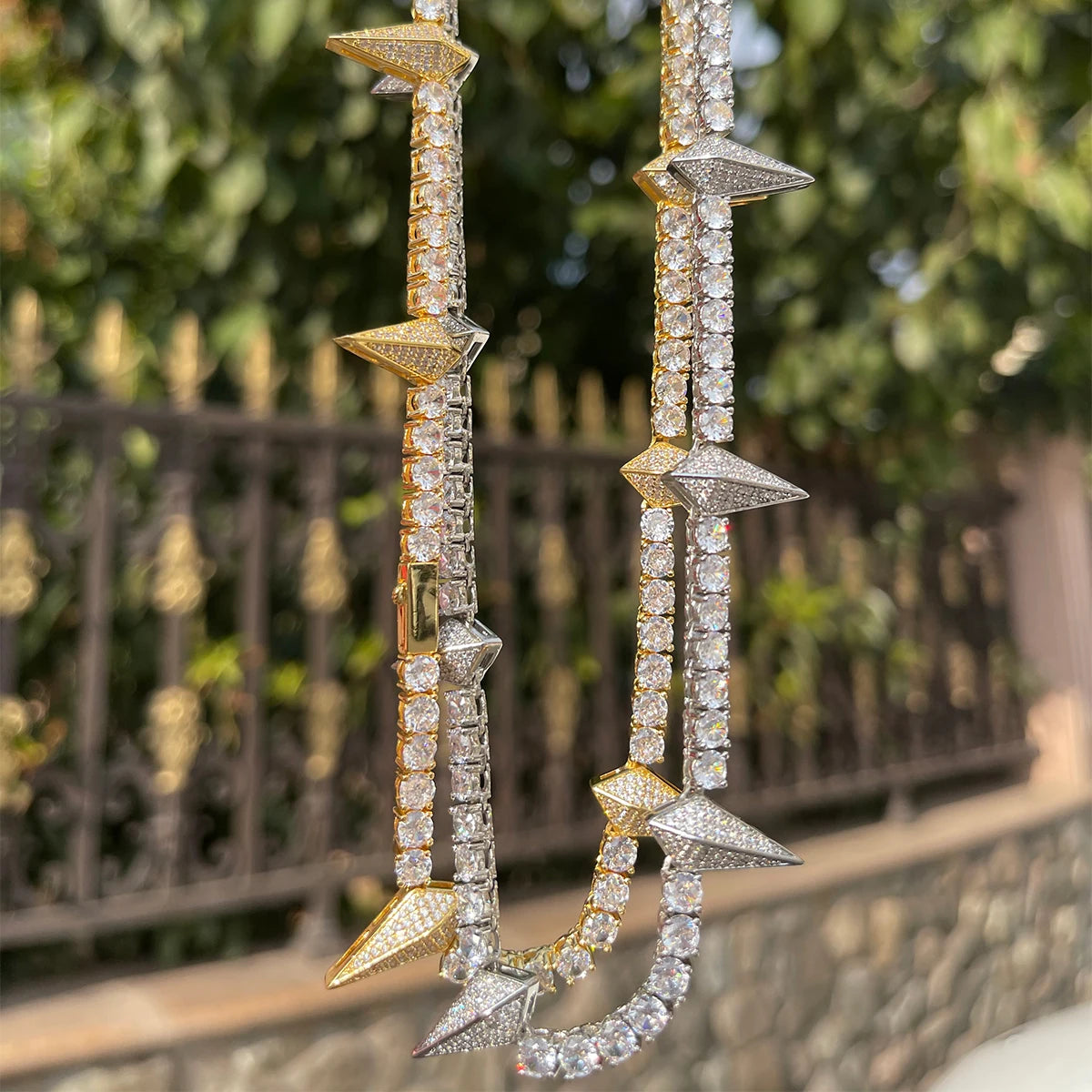 Bubble Letter Spiked Breaker Spring Tennis Chain for Women Choker Prong Setting Real Gold Plated Hip Hop Jewelry