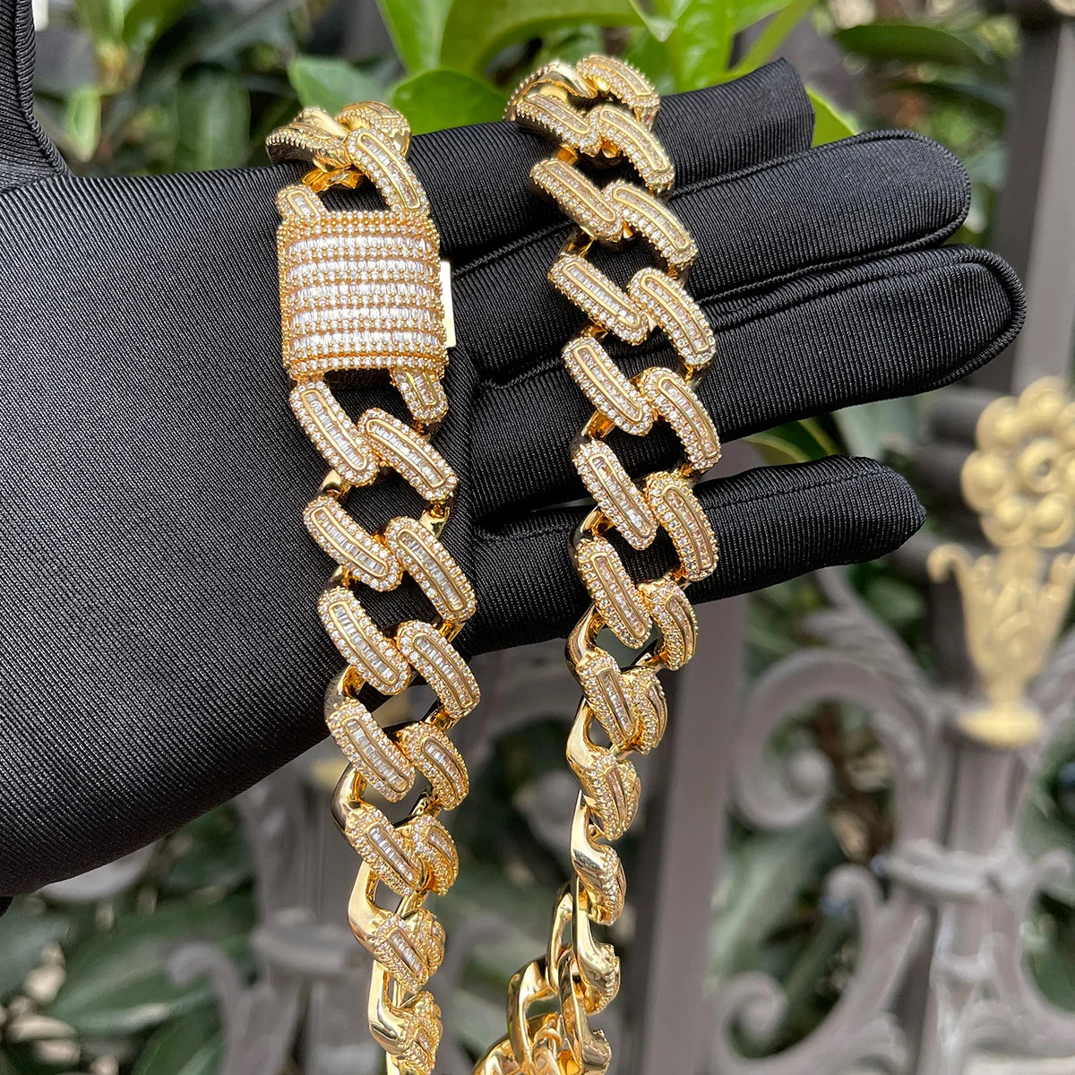 Bubble Letter Baguette Miami Cuban Link Chain for Men Prong Setting Choker Necklace Cubic Zirconia Two Tone Hip Hop Jewelry