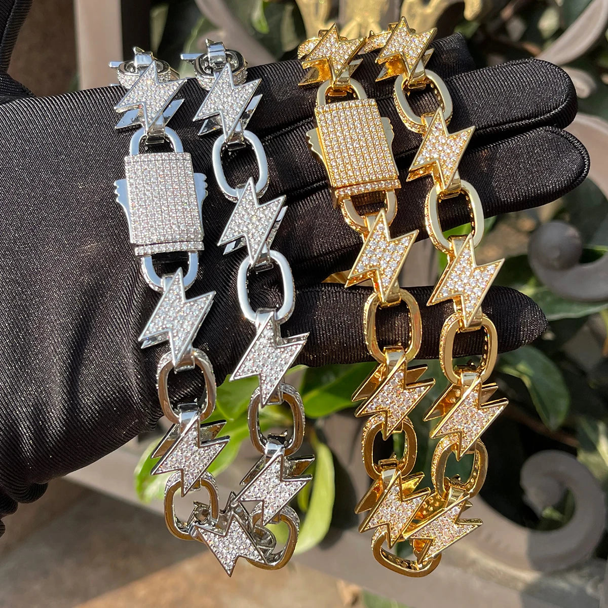 Bubble Letter Iced Out Lightning Cuban Link Chain for Men Choker Necklace Real Gold Plated Prong Setting Cubic Zirconia Hip Hop