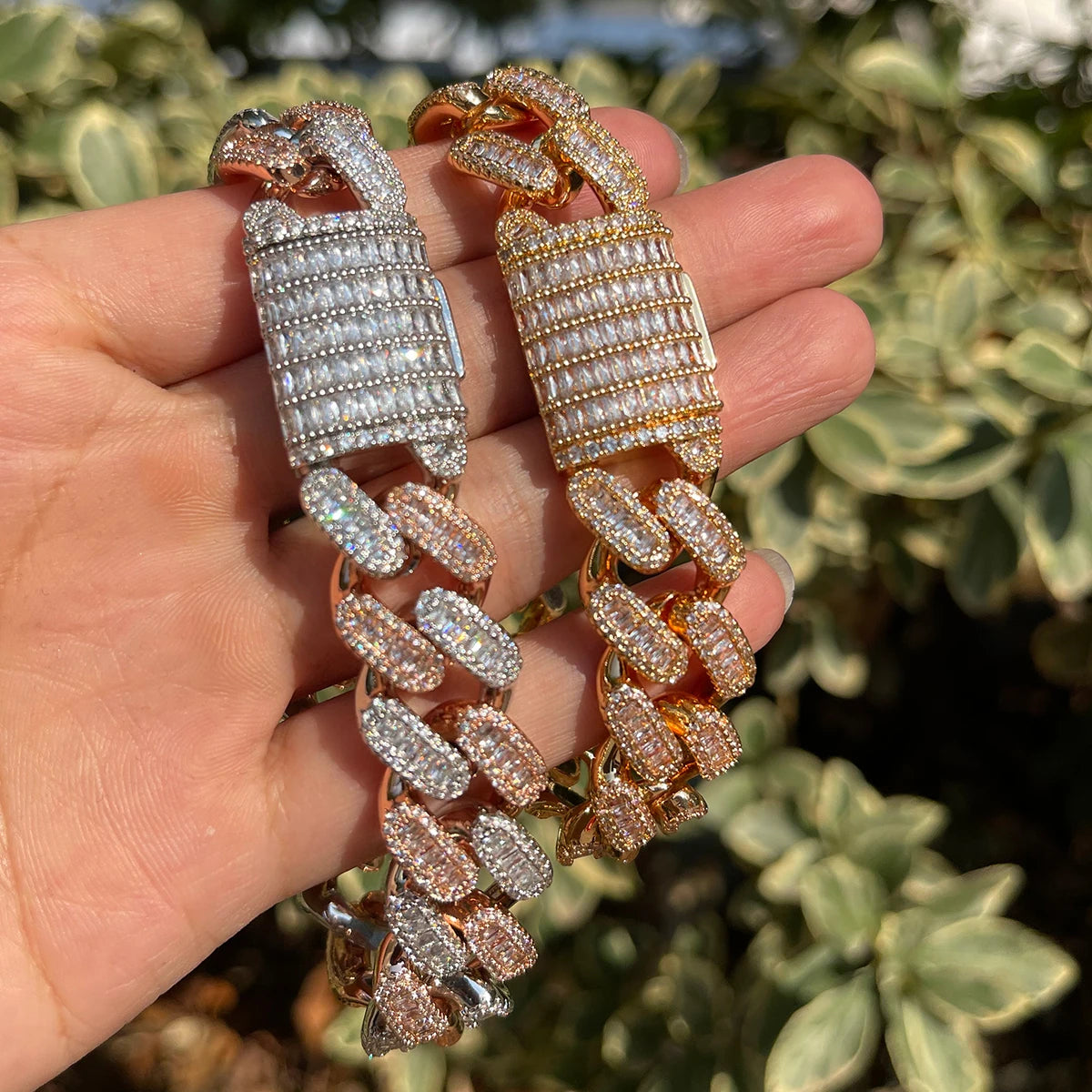 Bubble Letter Iced Out 15mm Miami Cuban Link Bracelet for Men Micro Pave Prong Setting Baguette Charms Hip Hop Jewelry