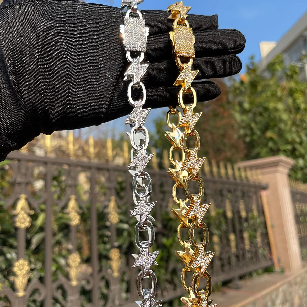 Bubble Letter Iced Out Lightning Cuban Link Chain for Men Choker Necklace Real Gold Plated Prong Setting Cubic Zirconia Hip Hop