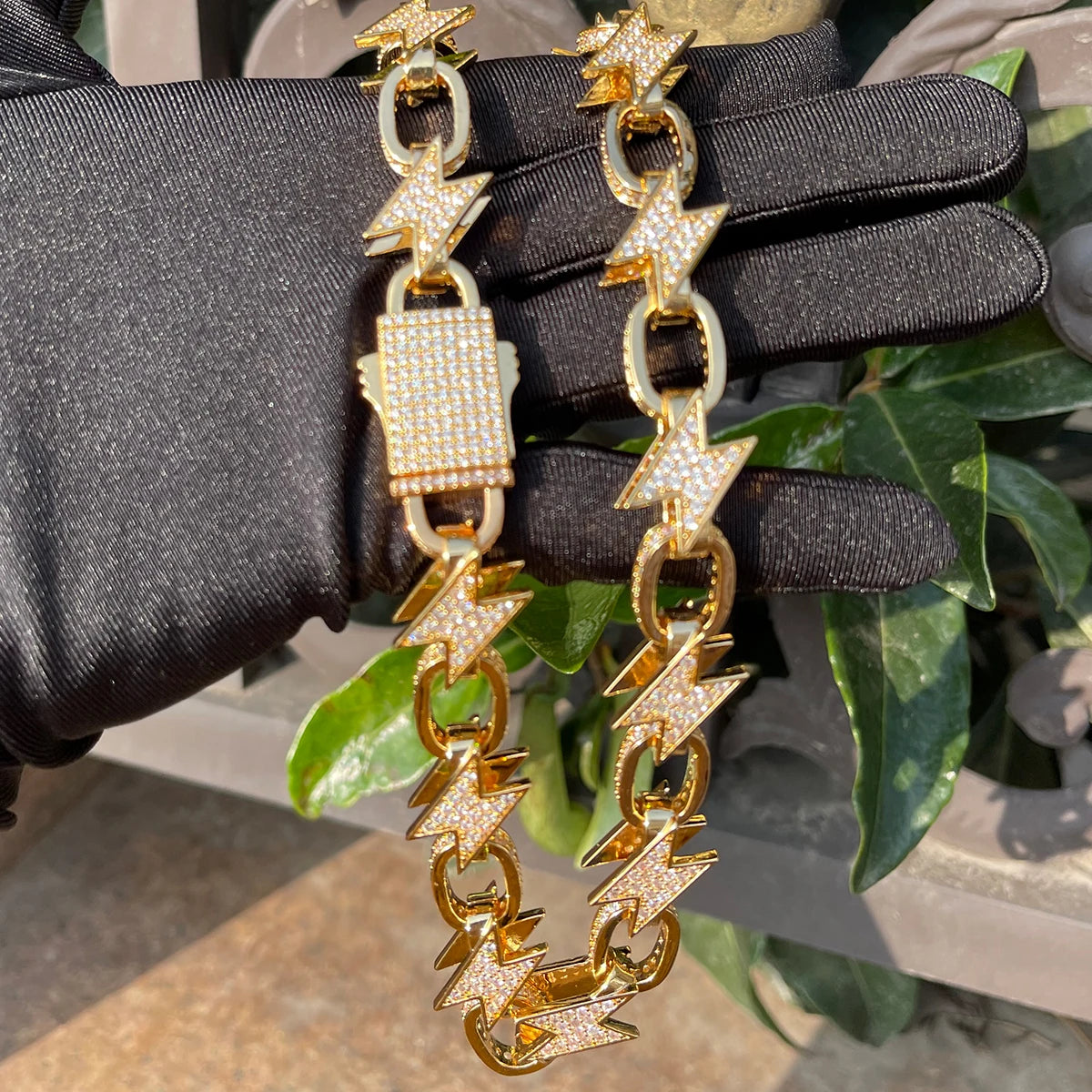 Bubble Letter Iced Out Lightning Cuban Link Chain for Men Choker Necklace Real Gold Plated Prong Setting Cubic Zirconia Hip Hop