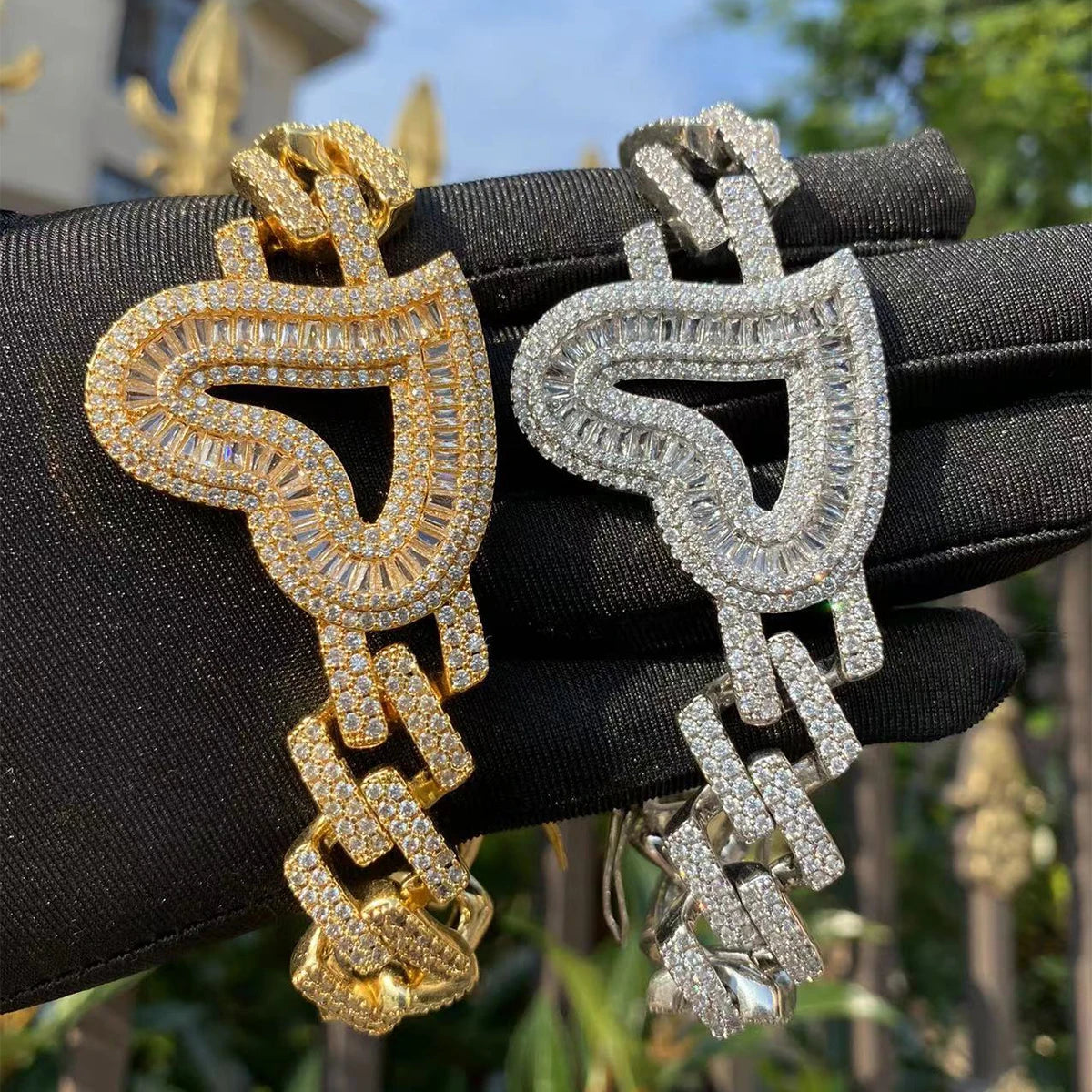 Bubble Letter Big Open Heart Charm Cuban Link Bracelet for Women Real Gold Plated Hip Hop Jewelry Iced Out Fashion Accessories