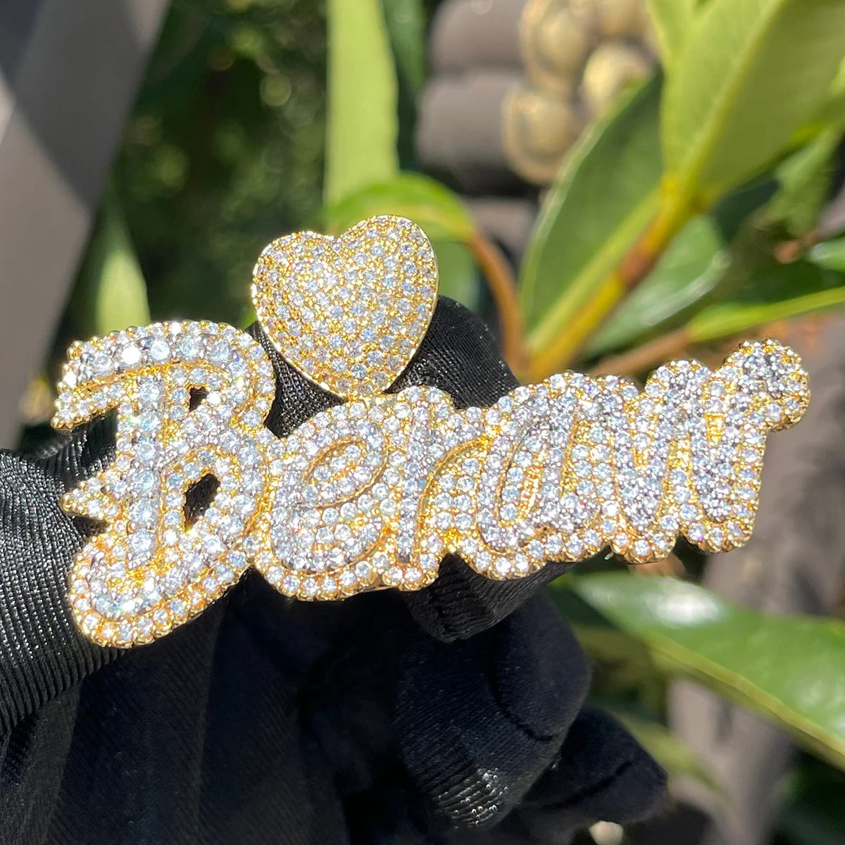 Bubble Letter Custom Name Necklace for Women Iced Out Pendant Real Gold Plated Heart Bail Hip Hop Rapper Rock Street Jewelry