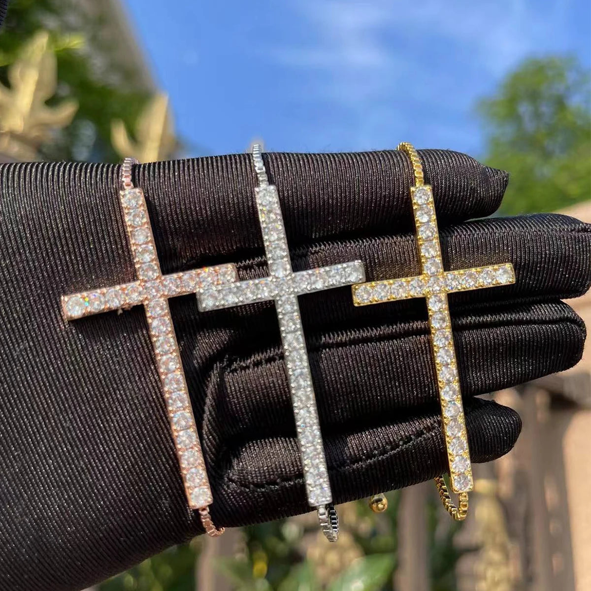 Bubble Letter Cross Bracelets for Women Real Copper Gold Plated Hip Hop Jewelry Adjustable Charms