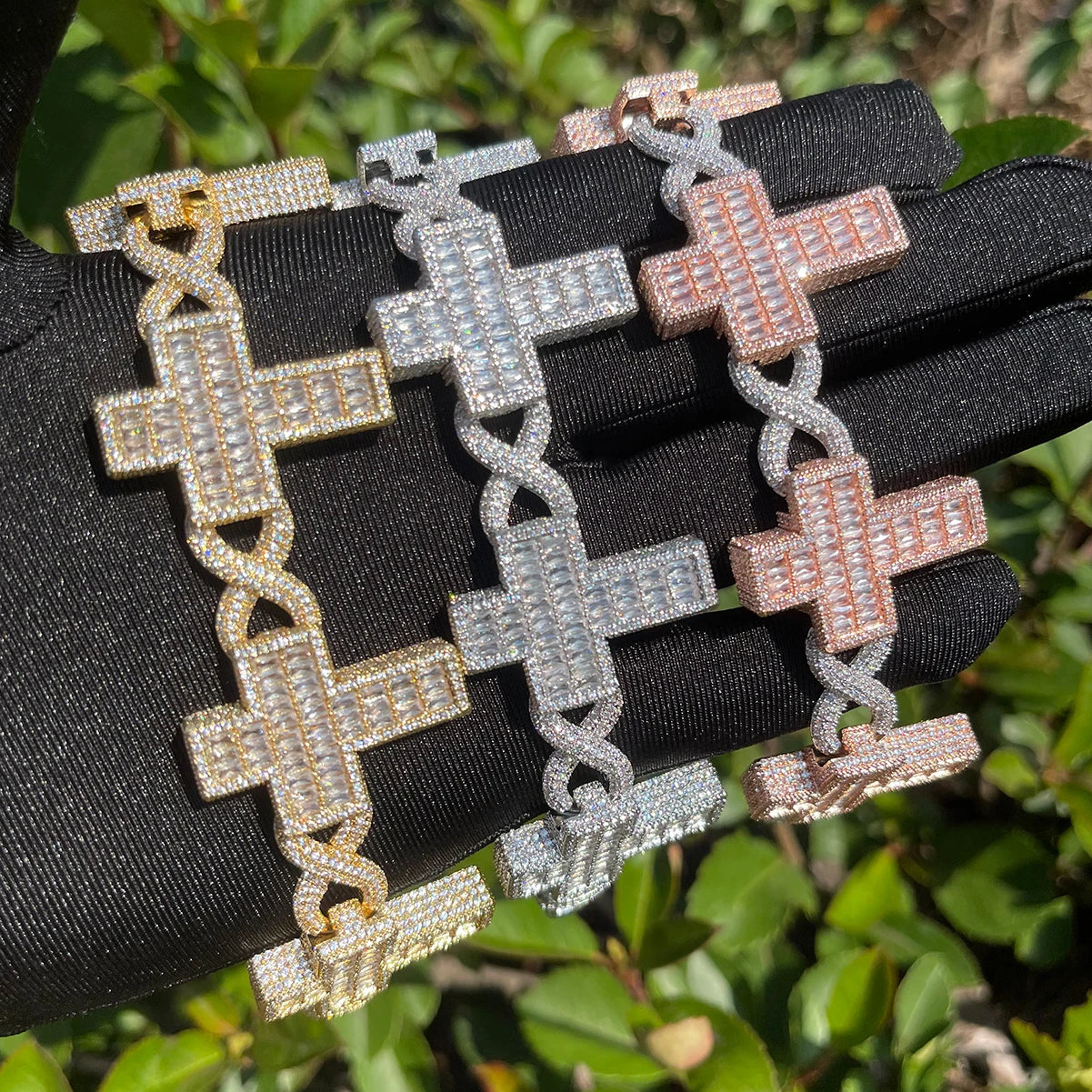 Bubble Letter Iced Out Infinity Link Bracelet for Men Baguette Cross Real Gold Plated Cubic Zirconia Hip Hop Jewelry