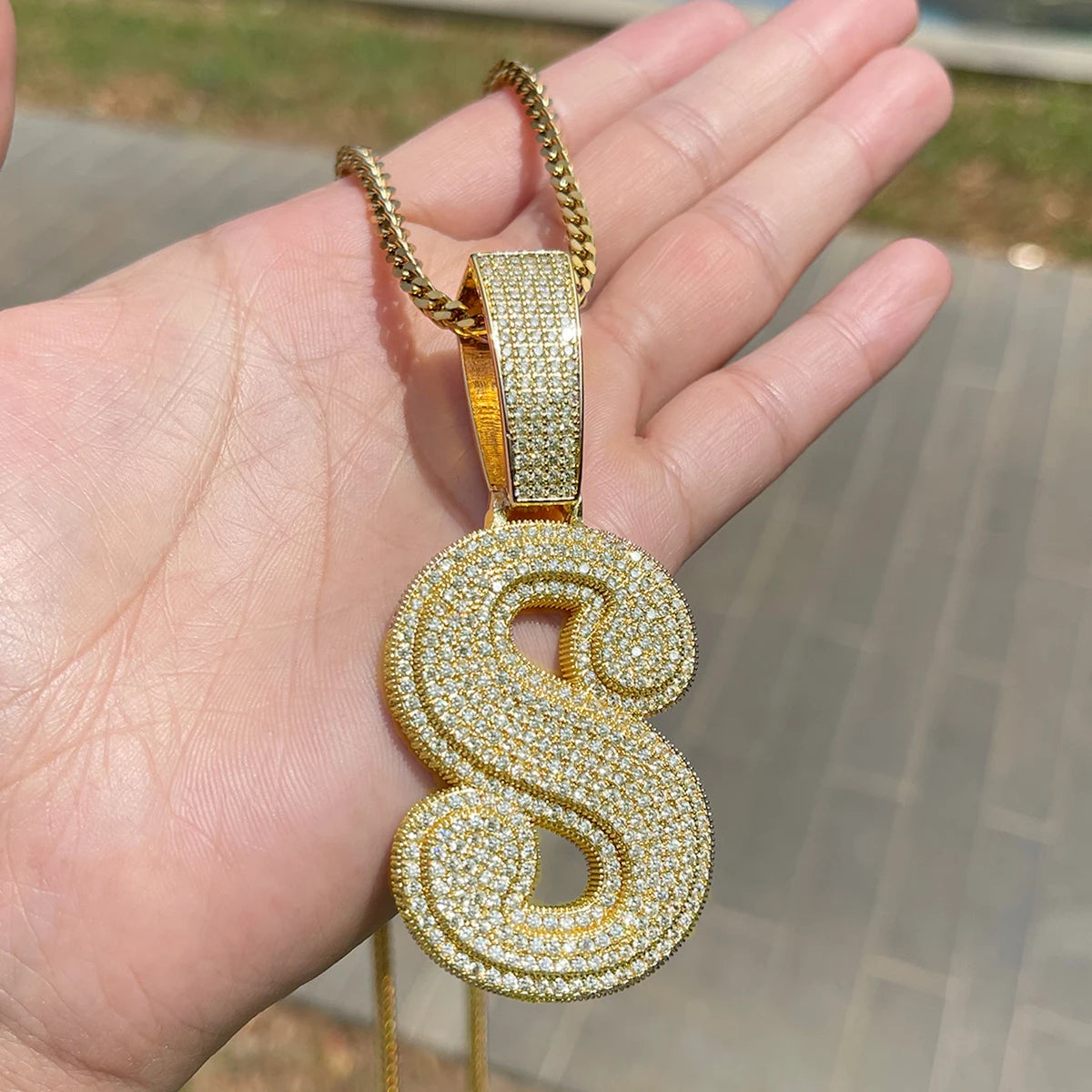 Bubble Letter Jewelry Single Initial Necklace for Women Iced Out Pendant Prong Setting Two Layers Hip Hop Charms