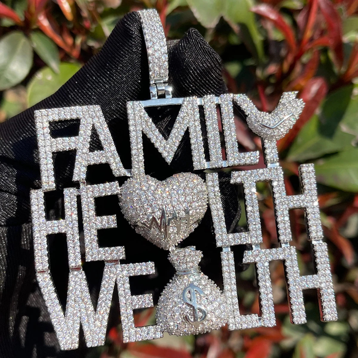 Bubble Letter Iced Out Pendant Family Health Wealth Necklace for Men Prong Setting Hip Hop Jewelry