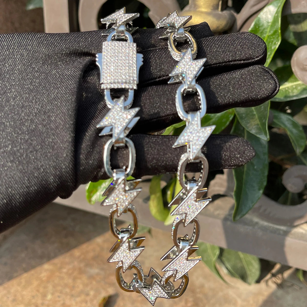 Bubble Letter Iced Out Lightning Cuban Link Chain for Men Choker Necklace Real Gold Plated Prong Setting Cubic Zirconia Hip Hop