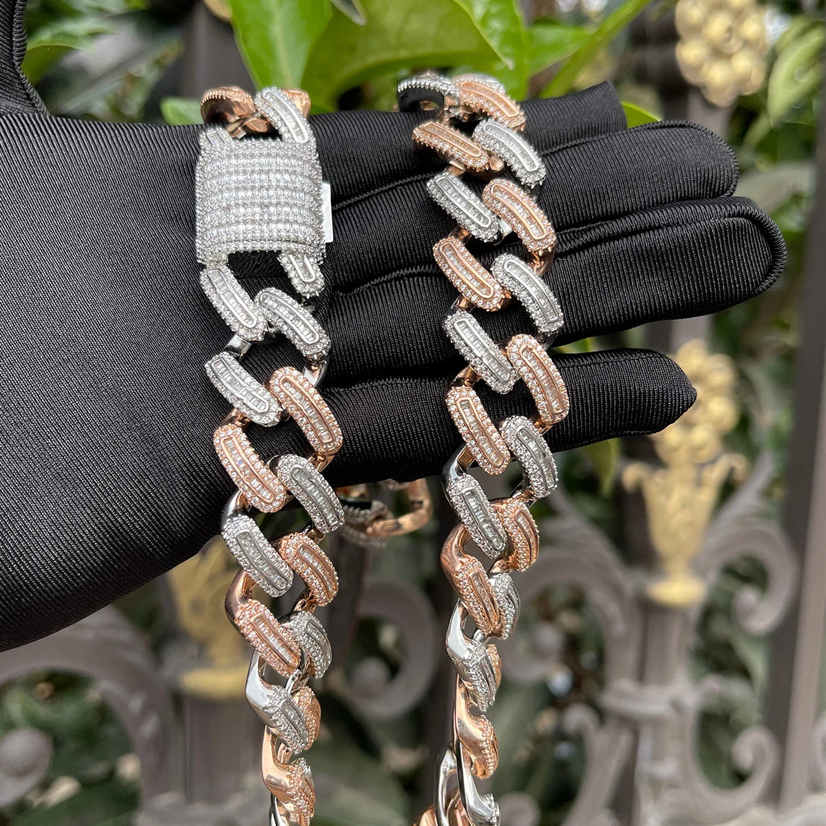 Bubble Letter Baguette Miami Cuban Link Chain for Men Prong Setting Choker Necklace Cubic Zirconia Two Tone Hip Hop Jewelry