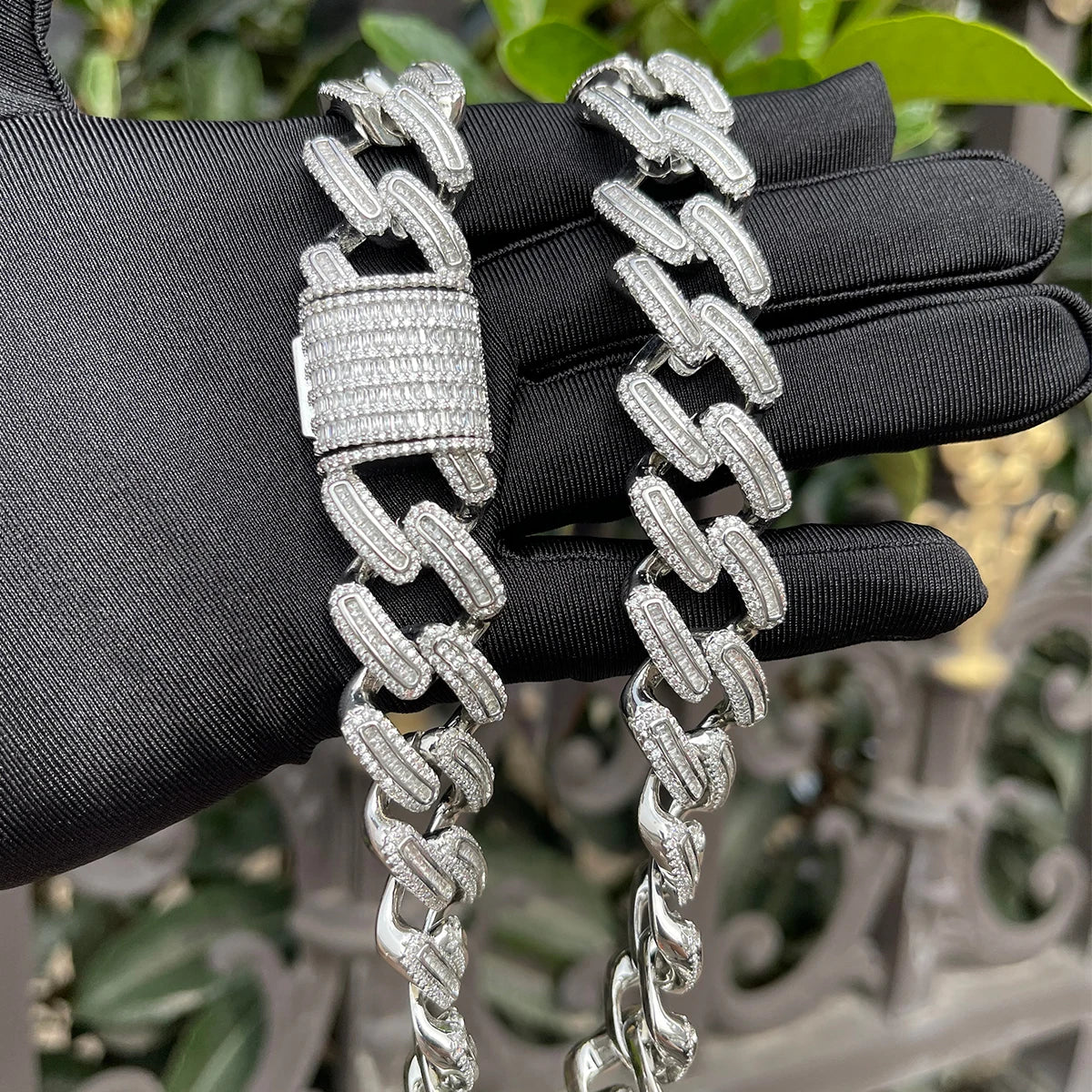 Bubble Letter Baguette Miami Cuban Link Chain for Men Prong Setting Choker Necklace Cubic Zirconia Two Tone Hip Hop Jewelry