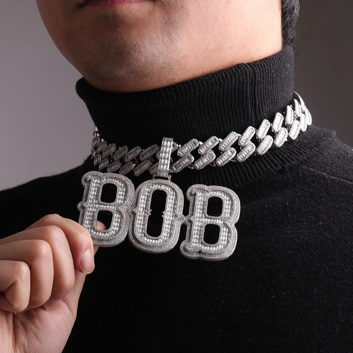 Bubble Letter Jewelry Personalized Name Plated Baguette Necklace Cursive Charms Bling 2022 Trend Best Selling Items