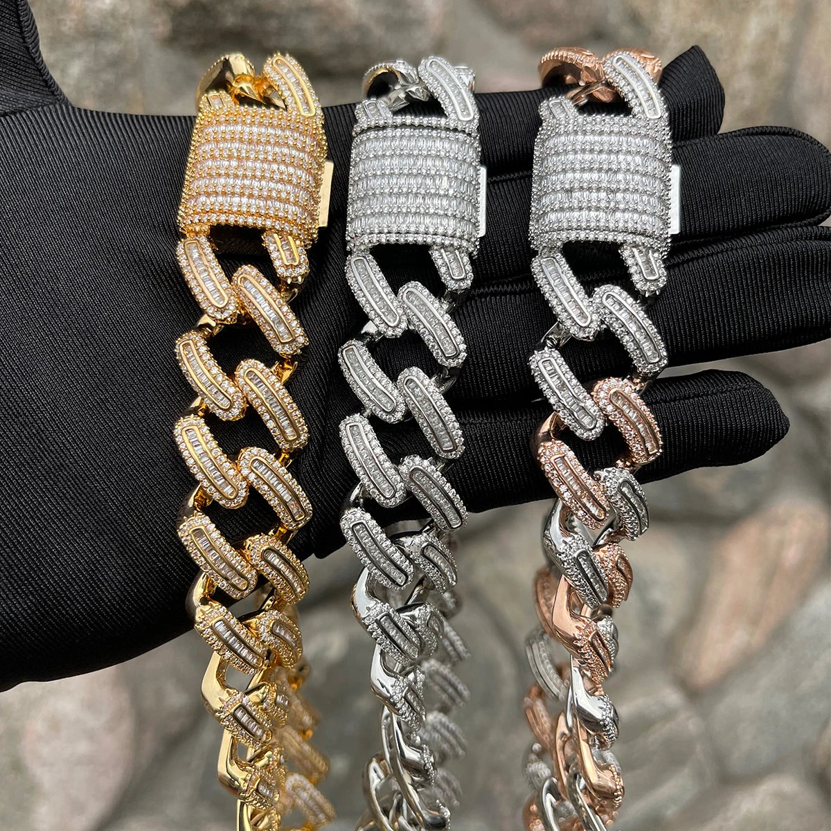 Bubble Letter Baguette Miami Cuban Link Chain for Men Prong Setting Choker Necklace Cubic Zirconia Two Tone Hip Hop Jewelry