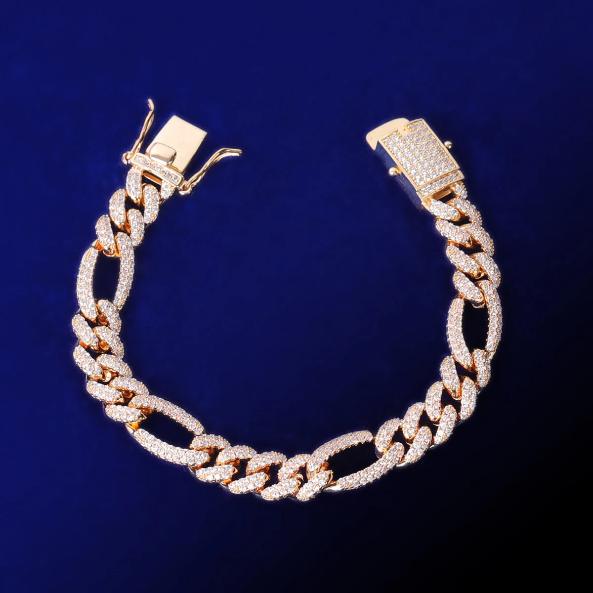 Bubble Letter Iced Out Figaro Bracelet for Women Prong Setting Real Gold Plated Hip Hop Jewelry