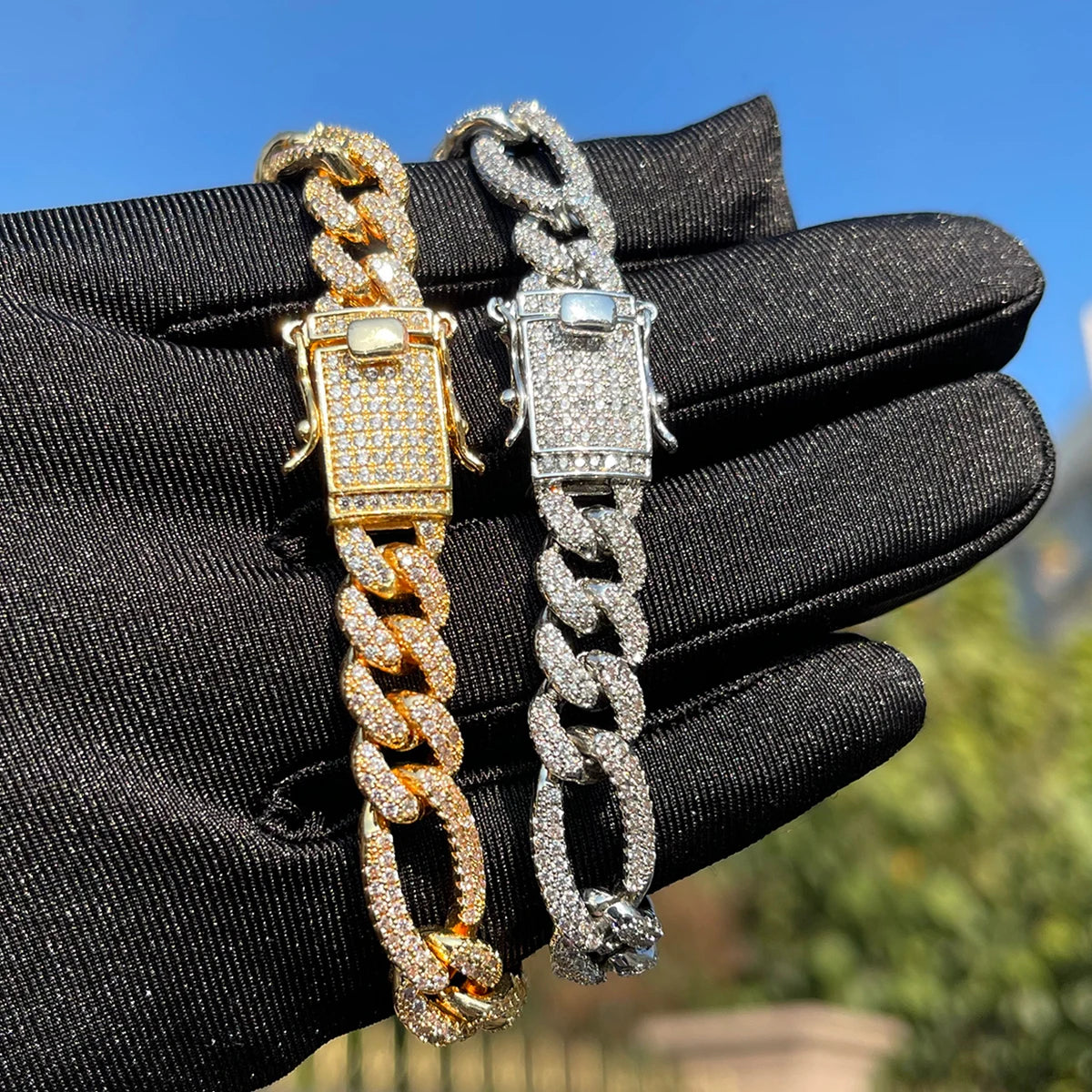 Bubble Letter Iced Out Figaro Bracelet for Women Prong Setting Real Gold Plated Hip Hop Jewelry