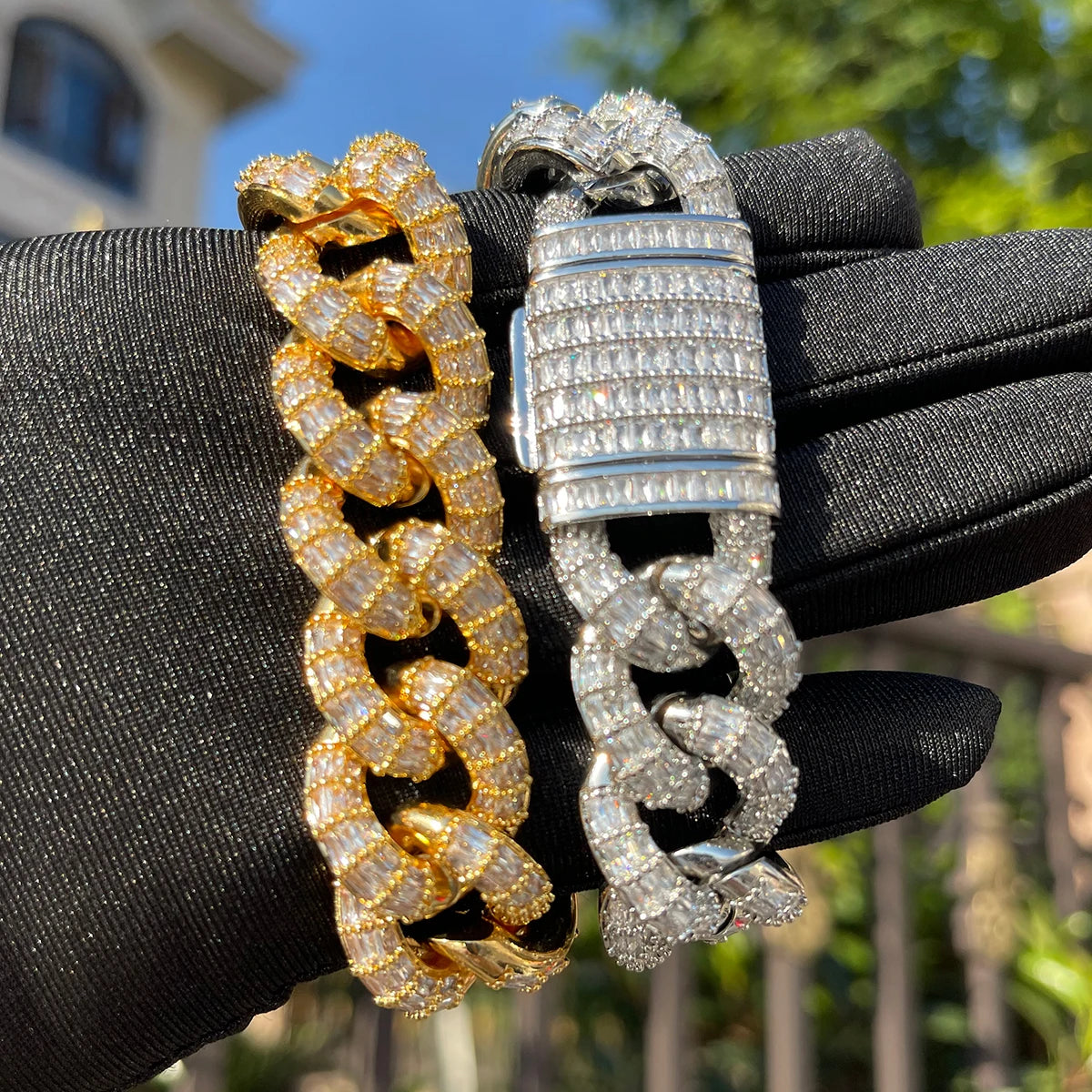 Bubble Letter Baguette Cuban Link Bracelet for Men Iced Out Prong Setting Micro Pave Hip Hop Fashinon Jewelry Gift