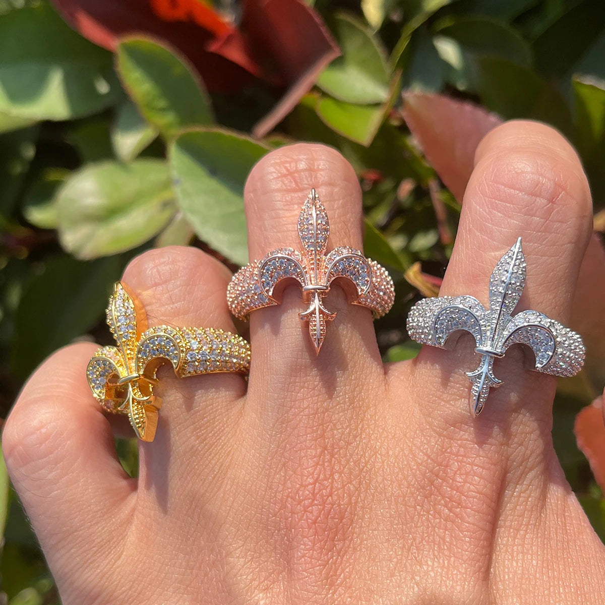Bubble Letter Iced Out Men Ring Prong Cubic Zirconia Real Gold Plated Hip Hop Jewelry The Fleur De Lys