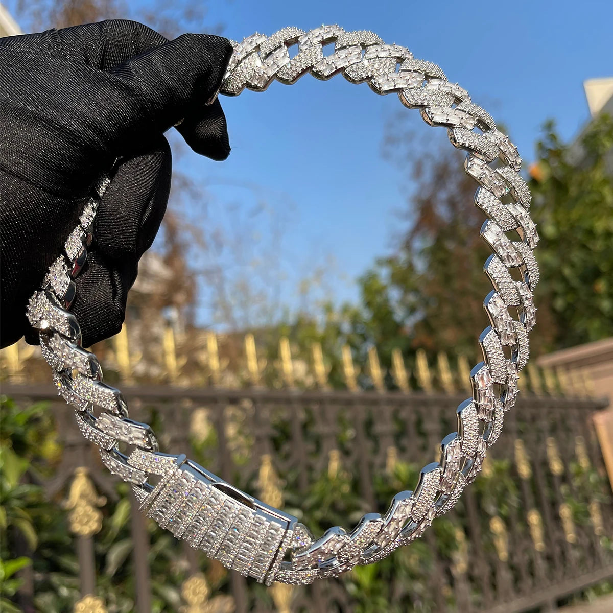 Bubble Letter Baguette 20MM Cuban Link Chain for Men Iced Out Choker Necklace Prong Setting Cubic Zirconia Hip Hop Jewelry